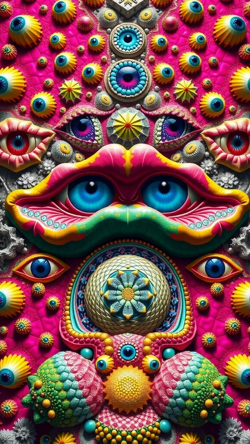 Prompt: an extremely hyper realistic ultra super textural weird trippy surreal psychedelic pattern, op art tiling, silver, pyrite, quartz,, flourite, apatite, bright vivid pinks, greens, yellows,blues,  lots and lots of light, lots of crazy colorful compound psychedelic human eyes, rows of human teeth, human lips, tongues, lithops, succulent, quantum strings, algae, bryozoans,  Bose-Einstein Condensate, extreme high definition organic and mineral textures