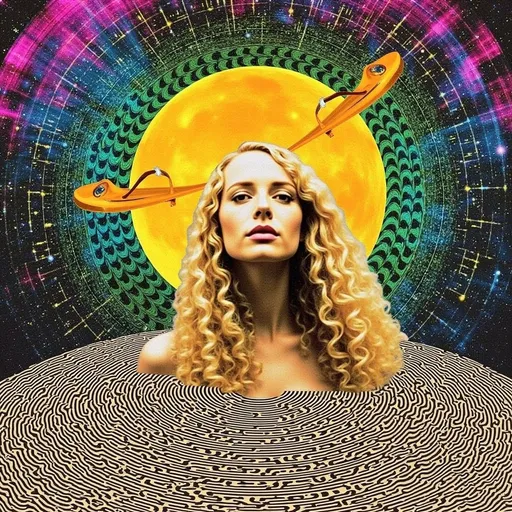 Prompt: In this abstract design, a woman with long blond curly hair becomes a celestial muse, her flowing locks radiating outward like golden tendrils of vibrating light. Her figure emerges from a swirling ocean of ripple patterns, their concentric waves in deep blues and greens creating the feeling of infinite motion. Above her, vibrant auroral streaks of magenta, teal, and amber cascade like curtains of cosmic energy, blending seamlessly into the curves of her hair. The background is alive with dynamic cymatic forms, their intricate geometries glowing in silver and white, as if pulsing with the rhythm of the universe. Her presence anchors the scene, surrounded by circular oscillations that pulse in golden hues, creating a halo of resonant energy. Her hair transforms into spiraling waveforms that intertwine with Chladni-inspired patterns, their symmetrical shapes vibrating in harmony with the flow of the design. The entire piece feels alive, a celebration of vibration as the unseen force that connects all things, with the woman embodying the beauty and power of creation itself, her form both human and cosmic, grounded yet transcendent.