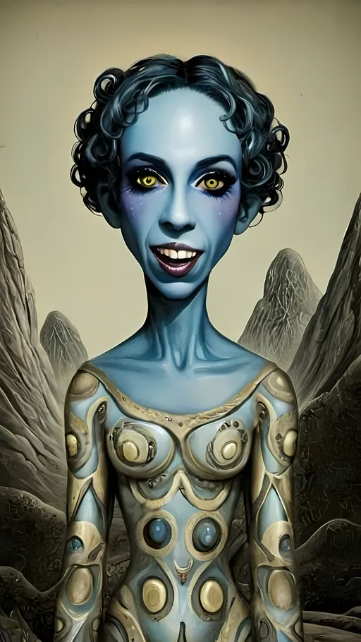 Prompt: Imagine a surreal portrait of yourself as a blue-skinned alien, inspired by the whimsical and grotesque style of Roland Topor. Your alien self has elongated limbs and exaggerated features, with large, expressive eyes that convey a sense of curiosity and mischief. The skin is a rich, cerulean blue with intricate patterns and textures, reminiscent of Topor's detailed line work. The background is a dreamlike landscape, filled with bizarre and otherworldly flora that seem to dance and sway. The overall composition is both unsettling and enchanting, capturing the essence of Topor's fantastical and absurd artistry. Key elements include surrealism, grotesque beauty, intricate patterns, and a whimsical alien world.