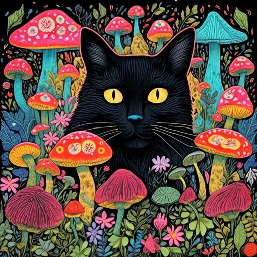 Prompt: <mymodel>Black cat surrounded by mushrooms and flowers, mixed media, detailed fur with intricate patterns, vibrant and surreal, high quality, mixed media, whimsical, vibrant colors, atmospheric lighting, detailed eyes, professional, surreal, detailed mushrooms and flowers, artistic, highres