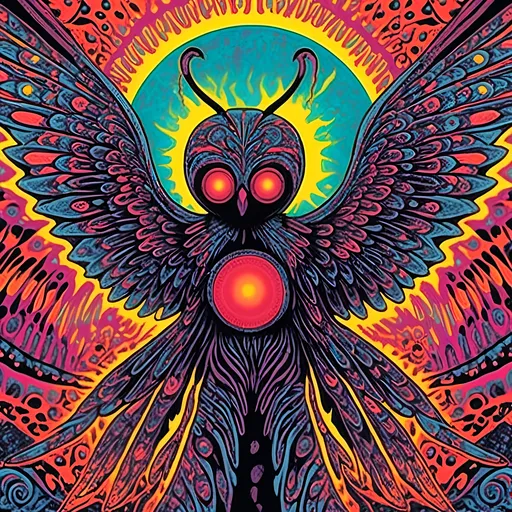 Prompt: <mymodel>Psychedelic poster art of Mothman, vibrant psychedelic colors, detailed illustrated Mothman, surreal poster art style, intense and mysterious gaze, intricate wings and feathers, high quality, vibrant colors, surreal art, detailed illustration, psychedelic, mysterious, poster art style, intense gaze, vibrant, detailed wings, surreal, high quality