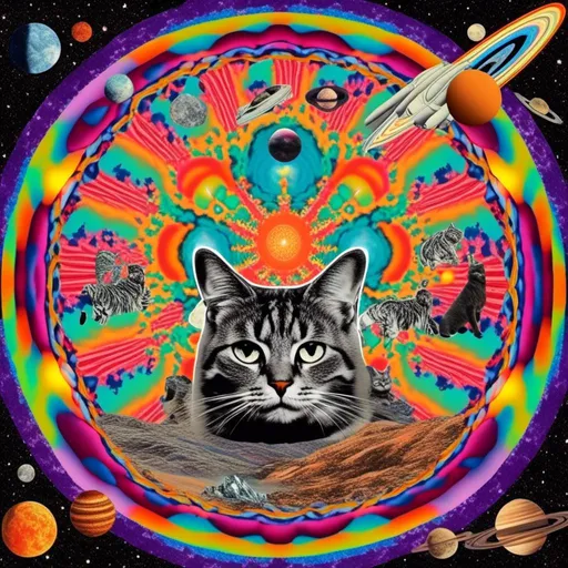 Prompt: a psychedelic collage with a vintage 70s sci-fi animation feel to it except the subject matter will be CATS IN SPACE! The collage will have elements of photography, illustration, trippy patterns and optical illusions, alien landscapes, strange trippy planets, UFOs,, meteors, all cut and spliced together in a psychedelic collage style <mymodel>