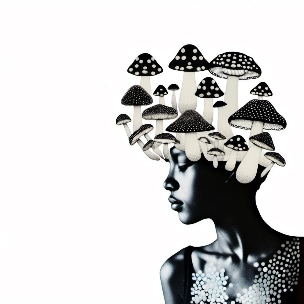 Prompt: a mixed media collage of a girl wearing or growing mushrooms/fungus as clothing body parts and accessories. She is a black and white or halftone photograph, the mushrooms and fungal growths are to be mixed media, including but not limited to paint, enamel, foils, glitter, sparkle, sequins, found objects, natural items, rhinestones etc <mymodel>