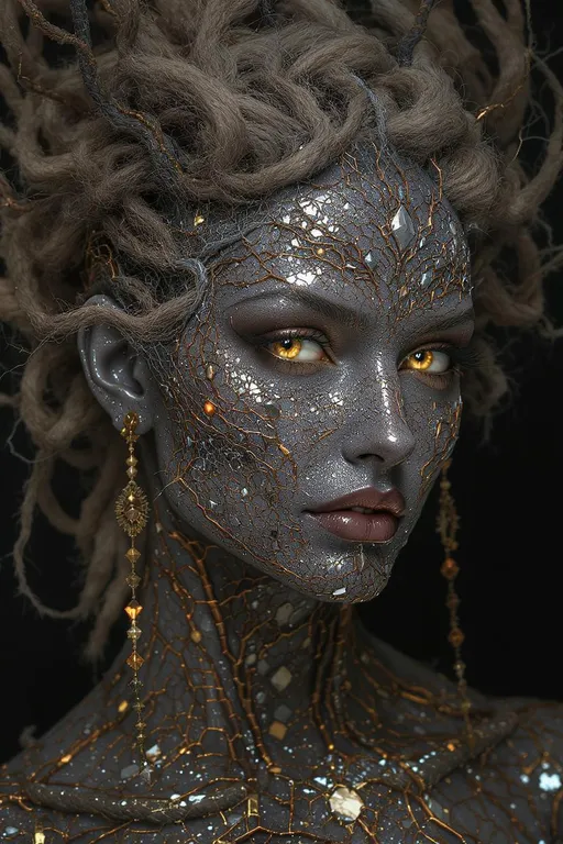 Prompt: Moss of Metal: The Electroformed Face
Prompt:
Craft an evocative portrait of a woman whose face is partially grown from electrochemical deposition—fractal metallic structures branching outward like dendrites or frost patterns in silver and copper. Her skin is no longer flesh, but a substrate for metallic bloom: fine moss-like filigree of charged particles laid down by invisible currents, forming complex textures that trace the paths of invisible voltages across her features.

From her jawline to her brow, her face is encased in intricate networks of conductive branches—sharp yet organic, somewhere between coral and circuitry. These metallized textures glimmer with layered patinas: oxidized blues, copper reds, gold veining, and silvery highlights that refract like mineral light. The deposition process leaves behind growth patterns—radiating from points of electrochemical initiation, fractalizing outward like thought made metallic.

Her eyes retain warmth—a contrast to the cold gleam of the surrounding material—and glow softly, hinting at internal current. The hair is a living sculpture of ferrous tendrils and braided filament wires, rising and spiraling like magnetic storms, some magnetically suspended midair, subtly twitching as if sensing an electric field.

This is a face caught in a liminal state between biology and machine—a portrait of synthetic rebirth, where thought, voltage, and mineral matter collaborate in recursive ornamentation.