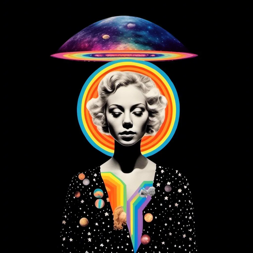 Prompt: A psychedelic collage featuring a photograph of a woman with blond curly long hair. The photo is cut and spliced with other photos and drawings of aliens, UFOs, rainbow spectrums are erupting from places, planets, stars, landscapes, and sparkles set amidst optical illusions of all kinds in geometric shapes giving an otherworldly surreal bizarre ufo alien effect to this psychedelic collage <mymodel>