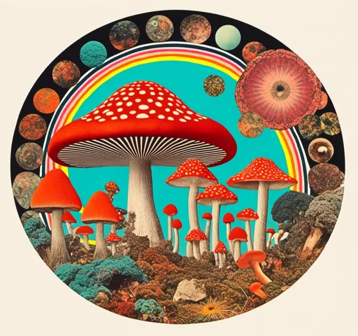 Prompt: <mymodel>Retro psychedelic collage of vibrant, 70s-inspired fungus, mushrooms, vibrant colors and patterns, surreal collage cut and paste composition, landscapes, trippy patterns, optical illusions, planets vintage analog texture, high quality, retro, psychedelic, vibrant colors, surreal, vintage, analog texture, detailed patterns, artistic