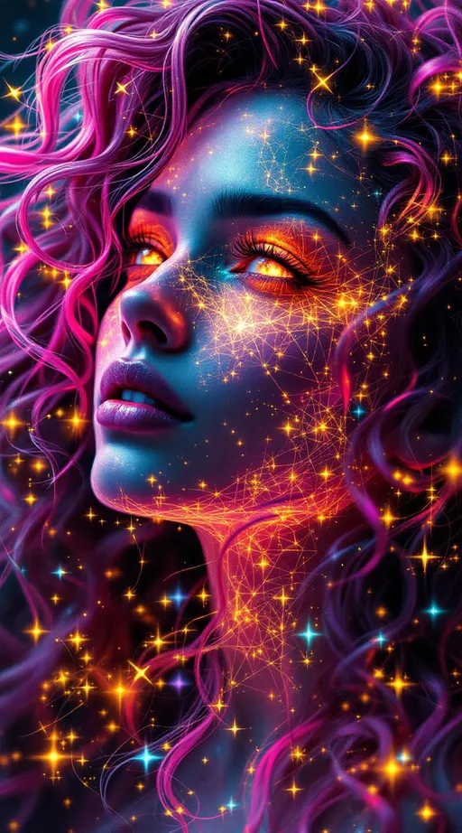 Prompt: Her face is a modular masterpiece—cheekbones traced with the shimmer of moonshine symmetry, every angle tuned to a hidden harmonic. Newton fractal veins glow faintly beneath translucent skin, shifting in color with each emotion. Her eyes burn with prime number fire, irises tiled in Penrose symmetry, blinking with curved light logic. Laughter echoes in Hilbert paths across her cheeks—space-filling joy spirals, soft and bright. Hair spills around her in radiant pink curls, styled by quasiperiodic forces and recursive wave equations—each strand flowing in luminous fractal tension. Geometry pulses at the hairline, recursive symbols glinting in neon mathdust. She is wrapped in hyperbolic aura-rings, layered in color-feedback like living topology, her presence refracting sacred math through joy, emotion, and colorfields.”

⸻

Visual Keywords:
Modular face symmetry, Newton glow skin, Penrose-tiled irises, Hilbert smile trails, pink recursive curls, fractal symbol halo, hyperbolic color aura, neon mathdust, prime fire eyes