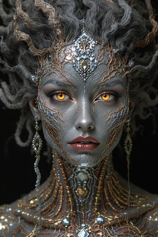 Prompt: Moss of Metal: The Electroformed Face
Prompt:
Craft an evocative portrait of a woman whose face is partially grown from electrochemical deposition—fractal metallic structures branching outward like dendrites or frost patterns in silver and copper. Her skin is no longer flesh, but a substrate for metallic bloom: fine moss-like filigree of charged particles laid down by invisible currents, forming complex textures that trace the paths of invisible voltages across her features.

From her jawline to her brow, her face is encased in intricate networks of conductive branches—sharp yet organic, somewhere between coral and circuitry. These metallized textures glimmer with layered patinas: oxidized blues, copper reds, gold veining, and silvery highlights that refract like mineral light. The deposition process leaves behind growth patterns—radiating from points of electrochemical initiation, fractalizing outward like thought made metallic.

Her eyes retain warmth—a contrast to the cold gleam of the surrounding material—and glow softly, hinting at internal current. The hair is a living sculpture of ferrous tendrils and braided filament wires, rising and spiraling like magnetic storms, some magnetically suspended midair, subtly twitching as if sensing an electric field.

This is a face caught in a liminal state between biology and machine—a portrait of synthetic rebirth, where thought, voltage, and mineral matter collaborate in recursive ornamentation.