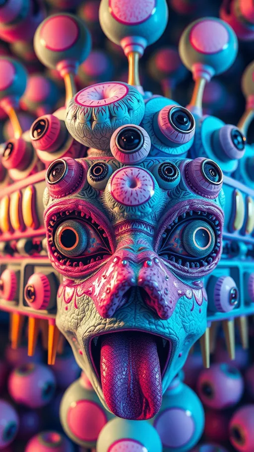 Prompt: Create an extremely hyper-realistic, ultra super textural, weird, trippy, surreal, psychedelic eyes/teeth/mouth creature/entity based on “metatron’s cube” with lots of human eyes (crazy colorful compound psychedelic), rows of human teeth, human lips, and tongues. 

- **Colors**: determined by the properties and expressions of the elements (& their isotopes), minerals, and metals: Nickel (Ni), Aventurine, Chrysoberyl

**Shapes and forms**
- “Metatron's Cube”
-other shapes determined by the natural properties and expressions of the elements (& their isotopes), minerals, metals, and biological organisms: diatoms, Nickel (Ni), Aventurine, Chrysoberyl


- **Textures**: Derived from any/all elements (& their isotopes), minerals, metals, crystals, organic things mentioned in this prompt: “Metatron's Cube” Nickel (Ni), Aventurine, Chrysoberyl

**Composition and Layout**:
- a pattern/design based on the “Metatron's Cube”

**Lighting**lots and lots of bright shining reflective light
- Trichroism


**Detail and Atmosphere**:
- Extreme hyperrealistic sharp high detail high definition organic and mineral textures
- Psychedelic, weird, odd, surreal atmosphere
- Frozen in time

**Additional Elements**:
- extra rows of teeth, lips, many eyes, diatoms, “Metatron's Cube” , Aventurescence, Chatoyancy
