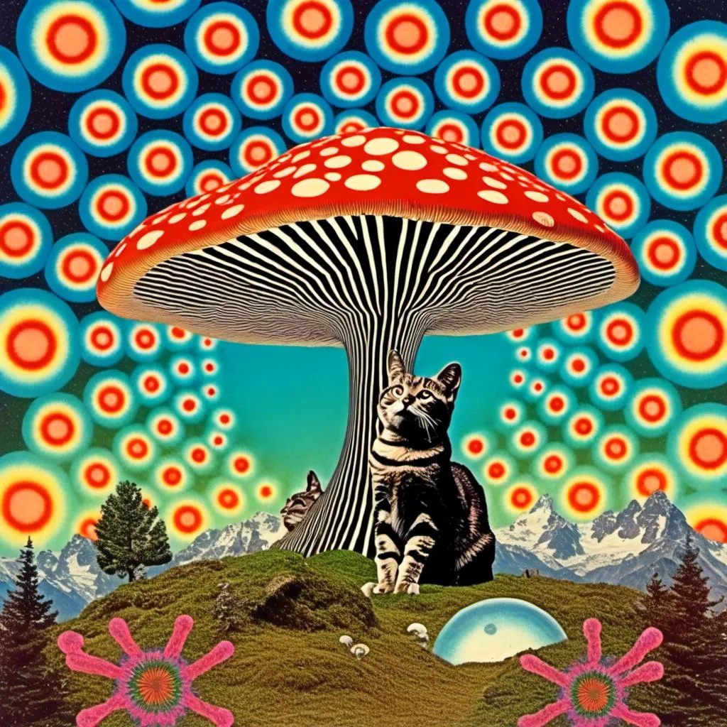 Prompt: a vintage retro psychedelic collage showcasing cut and spliced photos of mushrooms and fungus with surreal landscapes, trippy psychedelic patterns and optical illusions, UFOs, planets & outer space, cats, put together creatively in a Durrell psychedelic collage creation <mymodel>