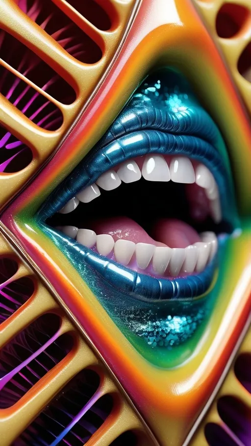 Prompt: **Stylistic Phrases:**
*Extremely hyper-realistic, ultra super textural, weird, trippy, surreal, psychedelic entity*

**Main Subject Matter:**
A psychedelic entity/monster/ lots of human eyes (lots of crazy colorful compound psychedelic), rows of human teeth, human lips, tongues

**Color Keywords:**
White, dark blues, baby blues, teals, yellows

**Texture Keywords:**
Mold, fungus, Lithium Chloride Crystals , Vesicular, ammonium sulfate crystals, Oolitic, extreme hyperrealistic sharp high detail high definition organic and mineral & other textures, 

**Shapes/Structures:**
- Euhedral, Hyperbolic Geometry

**Minerals:**
ruby, tigers eyes, vandanite 


**Lighting:**
Schiller Effect, Interference, Scintillation

**Size/Macro:**


**Lens/Film:**
Leica Summilux-M 35mm t/1.4 ASPH

**Composition/Layout:**
Diamond Lattice, hyperbolic geometry

**Atmosphere/Environment:**
Psychedelic, weird, odd, surreal, off putting, strangely pretty

**Movement/Dynamics:**
frozen in time

**Extra Keywords:**
Diatoms, oil slick rainbow sheen, extra rows of teeth, lips, many eyes, 

**Reinforcement of Style:**
Extremely hyper-realistic, ultra super textural, weird, trippy, surreal, psychedelic