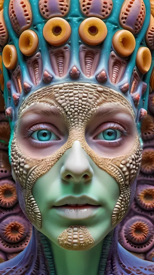 Prompt: Extremely hyperrealistic ultra textural trippy surreal beautiful but odd unsettling psychedelic creature- a psychedelic diatomaceous creature entity queen crown with lots of crazy psychedelic human compound eyes, rows upon rows of human teeth.  head, face, body, limbs, fungus, oil slick rainbow sheen effect, holographic, hologram, translucent, vivid colors white, tons and tons of light, bright pastel colors, Gyroid Structures. Diatoms: bacillariophyta, siliceous, valves, girdle bands, raphe, striae, puncta, areolae, costae, rimoportula, fultoportula, chloroplasts, auxospore, epitheca, hypotheca, mucilage, frustule symmetry, valve morphology, pennate diatoms, centric diatoms, motile, non-motile, biofilm, epiphytic, epilithic, epipsammic, biogenic silica, diatomaceous earth, primary producers, carbon fixation, biogeochemical cycles, diatom blooms, paleoecology, nanostructures, microalgae, environmental indicators, aquatic ecosystems. geometric, symmetrical, radial, bilateral, elongated, circular, triangular, oval, star-shaped, pennate, centric, intricate, lattice-like, perforated, silica, frustules, ornate, microscopic, diverse, varied, delicate, transparent, golden-brown, pillbox-shaped, chain-forming, solitary, colonial, planktonic, benthic,