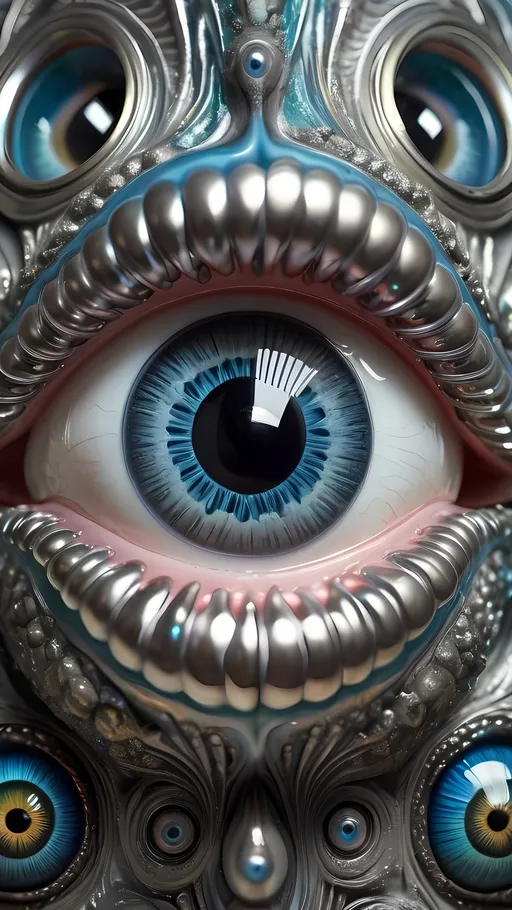 Prompt: An extremely hyperrealistic weird surreal trippy psychedelic silver-based lifeform,  eyes! lots of crazy multicolored compound psychedelic human eyes, rows and rows of human teeth, lips, and tongues,tellurium colors, silvery-white with metallic sheen, hints of blue-gray, intricate patterns, hexagonal crystal structures, brittle and easily pulverized, conductive, semi-metallic properties, surreal, organic shapes, flowing forms, liquid tellurium (at high temperatures), solid tellurium, corroded textures, oxidized surfaces, electrical conductivity, moderate thermal conductivity, chemical reactivity, environmental interaction, metallic luster, high reflectivity, surrealistic, biomorphic, complex symmetry, iridescent, vibrant hues, reflective surfaces, intricate details, organic textures, psychedelic elements, dynamic, mesmerizing, otherworldly, intricate, detailed, vibrant, surreal, biomorphic, organic, metallic.
 extreme organic and metallic textures
