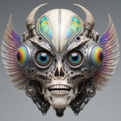 Prompt: An extremely hyperrealistic non humanoid flying, super high textural, silver, white, translucent, bright pastel colors, oil slick rainbow sheen, lots of light, weird trippy surreal psychedelic entity, mechanical and biological, human head with 4 faces, interdimensional geometric mechanical tesseract within tesseract, wheels within wheels spinning different directions on different axis, covered in lots of crazy psychedelic trippy human eyes, everywhere, all over it eyes, leather, metal, skin, feathers, extreme organic and metallic textures,: head, thorax, abdomen, antennae, compound eyes, ocelli, mandibles, maxillae, labium, labrum, hypopharynx, clypeus, frons, vertex, gena, occiput, pronotum, mesonotum, metanotum, prothorax, mesothorax, metathorax, legs, coxa, trochanter, femur, tibia, tarsus, pretarsus, wings, forewings, hindwings, halteres, spiracles, tracheae, tympanum, cerci, ovipositor, aedeagus, and exoskeleton.