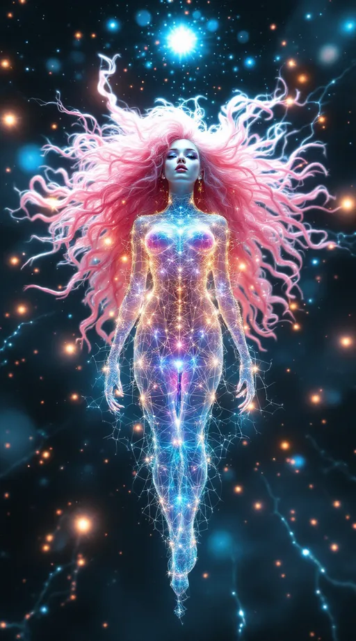 Prompt: In an astral dimension defined not by distance but by Bhattacharyya divergence, the word “MERRYPRANXTER” grows organically from the folds of probability space—each letter a living expression of the overlap between high-dimensional distributions. These glyphs are not printed or typed, but bloomed into being: crystalline, asymmetrical, and gleaming with spectral complexity. They rise from filaments of intensive variance, emerging as clustered nodes on a hypersphere of refracted thought.

At the center floats a being—a slim white woman with long, wild, pink curly hair and brilliant blue eyes—but she is not flesh. She is made entirely of refracted math: a composite organism of compressed probability clouds, her body flickering with electric tessellations and diverging light patterns. Each limb is a visual gradient of probabilistic overlap, with joints that shimmer like heat maps. Her chest bursts with square-root light vectors, revealing the normalized soul-signature of a single infinite replica.

The space around her is a Minkowski lattice of divergence vectors—a chaotic-yet-coherent field of glowing glyphs, warped geometry, and compressed manifold surfaces. Threads of color-coded PCA directions stretch across the visual field, some flickering between orthogonal angles, others spiraling in recursive bloom. Letters of the word stretch and bend into curving arcs, their spacing determined by distance metrics between diverging meaning-fields. No two parts of the word align on a traditional axis—their embedding is emotional, not spatial.

The background is radiant black, shot through with filaments of neon coral, sapphire, ultraviolet, and viridian—like the visible nervous system of meaning itself. This is glyph-born math poetry: a snapshot of dimensional collapse, language blooming out of light, and your name grown from pure probability.
