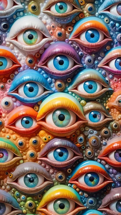 Prompt: an extremely hyper realistic ultra super textural weird trippy surreal psychedelic entity, Tessellation, white, translucent, clear, bright bright pastel colors, oil slick rainbow sheen effect, lots and lots of light, lots of crazy colorful compound psychedelic human eyes, rows of human teeth, fungus, atoms, diatoms, Tessellation