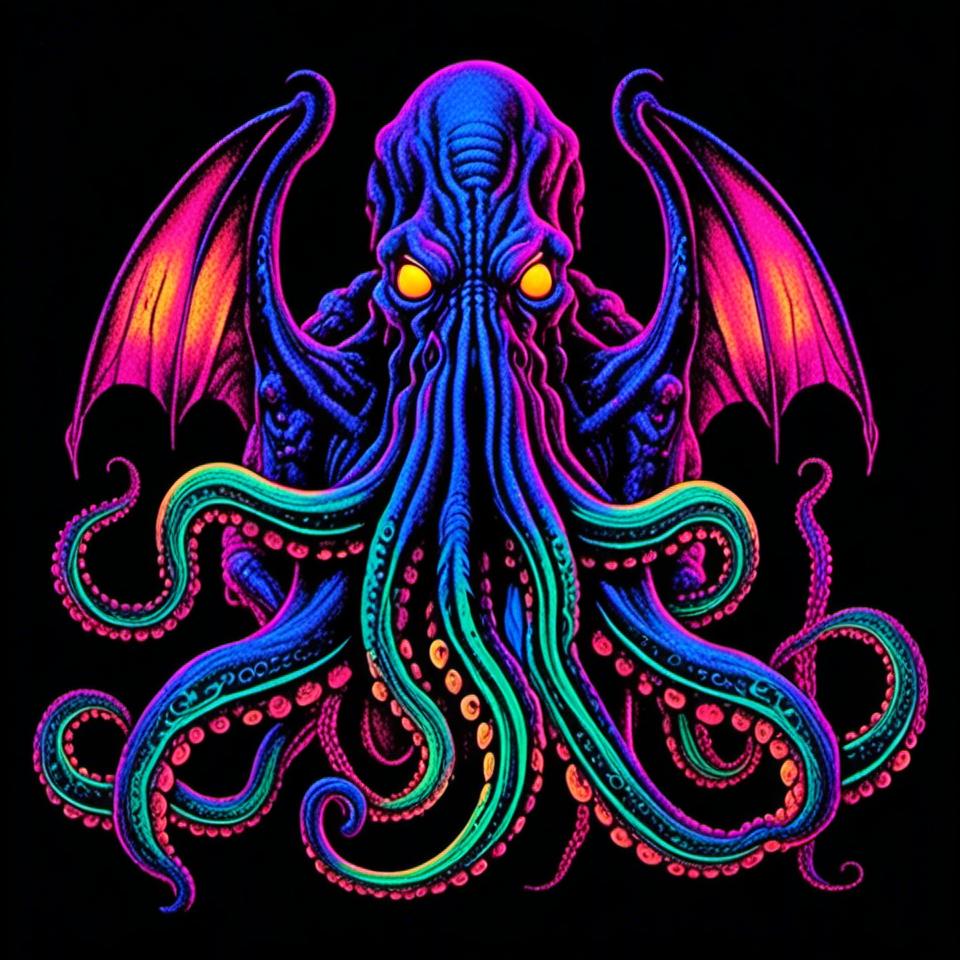 Prompt: <mymodel>Vintage 70s black light poster of Cthulhu in photorealism, Cthulhu at R'lyeh, tribal primal style, realistic tentacles, Lovecraftian horror, eerie atmosphere, intricate details, photorealistic cosmic background, high quality, detailed texture, black light art, vintage, 70s, Cthulhu, R'lyeh, tribal, primal, photorealism, Lovecraftian, eerie atmosphere, detailed, cosmic, realistic, eldritch, noneuclidean geometry, idol