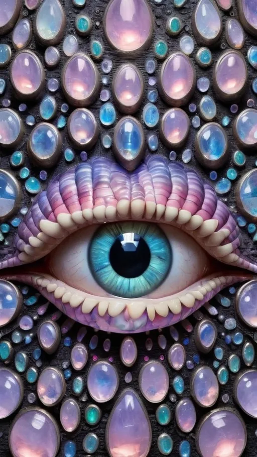 Prompt: Create an extremely hyper-realistic, ultra super textural, weird, trippy, surreal, psychedelic eyes/teeth/mouth pattern/design based on Mandelbrot & “Op Art tiling” with lots of human eyes (crazy colorful compound psychedelic), rows of human teeth, human lips, and tongues. 

- **Colors**: determined by the properties and expressions of the elements (& their isotopes), minerals, and metals: opal, moonstone, Kunzite, amethyst, rose quartz, Platinum (Pt)

**Shapes and forms**
- Mandelbrot 
- "Op Art tiling" 
-other shapes determined by the natural properties and expressions of the elements (& their isotopes), minerals, metals, and biological organisms: opal, moonstone, Kunzite, amethyst, rose quartz,  Platinum (Pt)


- **Textures**: Derived from any/all elements (& their isotopes), minerals, metals, crystals, organic things mentioned in this prompt: opal, moonstone, Kunzite, amethyst, rose quartz, Platinum (Pt)

**Composition and Layout**:
- a pattern/design based on the Op Art tiling & Mandelbrot 

**Lighting**:
- lots of bright light
- Iridescence

**Detail and Atmosphere**:
- Extreme hyperrealistic sharp high detail high definition organic and mineral textures
- Psychedelic, weird, odd, surreal atmosphere
- Frozen in time

**Additional Elements**:
- extra rows of teeth, lips, many eyes, Op Art tiling, Mandelbrot, Iridescence
