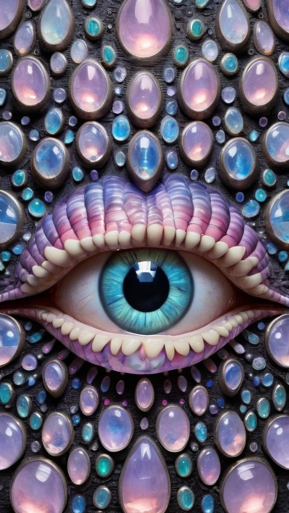 Prompt: Create an extremely hyper-realistic, ultra super textural, weird, trippy, surreal, psychedelic eyes/teeth/mouth pattern/design based on Mandelbrot & “Op Art tiling” with lots of human eyes (crazy colorful compound psychedelic), rows of human teeth, human lips, and tongues. 

- **Colors**: determined by the properties and expressions of the elements (& their isotopes), minerals, and metals: opal, moonstone, Kunzite, amethyst, rose quartz, Platinum (Pt)

**Shapes and forms**
- Mandelbrot 
- "Op Art tiling" 
-other shapes determined by the natural properties and expressions of the elements (& their isotopes), minerals, metals, and biological organisms: opal, moonstone, Kunzite, amethyst, rose quartz,  Platinum (Pt)


- **Textures**: Derived from any/all elements (& their isotopes), minerals, metals, crystals, organic things mentioned in this prompt: opal, moonstone, Kunzite, amethyst, rose quartz, Platinum (Pt)

**Composition and Layout**:
- a pattern/design based on the Op Art tiling & Mandelbrot 

**Lighting**:
- lots of bright light
- Iridescence

**Detail and Atmosphere**:
- Extreme hyperrealistic sharp high detail high definition organic and mineral textures
- Psychedelic, weird, odd, surreal atmosphere
- Frozen in time

**Additional Elements**:
- extra rows of teeth, lips, many eyes, Op Art tiling, Mandelbrot, Iridescence
