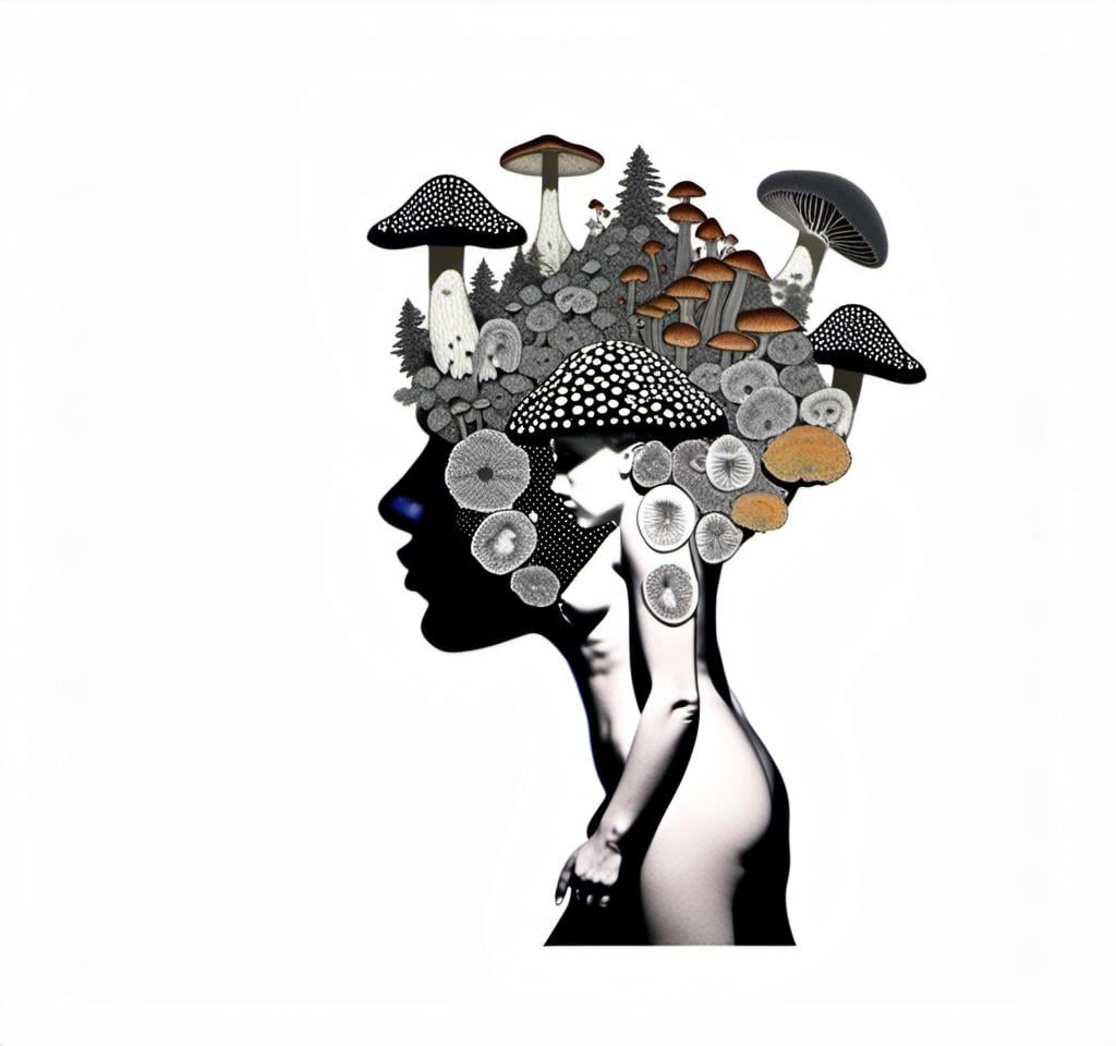 Prompt: a mixed media collage of a girl wearing or growing mushrooms/fungus as clothing body parts and accessories. She is a black and white or halftone photograph, the mushrooms and fungal growths are to be mixed media, including but not limited to paint, enamel, foils, glitter, sparkle, sequins, found objects, natural items, rhinestones etc <mymodel>