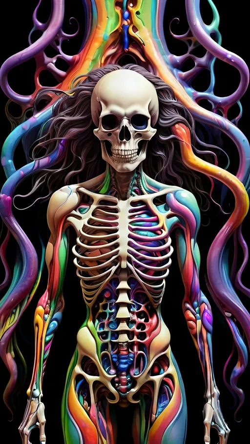 Prompt: Psychedelic hallucination, human being/body melting psychedelicly - skeleton, female, long curly hair, muscular system, muscles, bones, organs, guts melting, oozing, dissolving into fractals. 9of reality melting, ego death, melty, melting, drippy, drips dripping, Ooze, oozing, Alex grey, fractals, visionary, psychedelic, trippy, weird