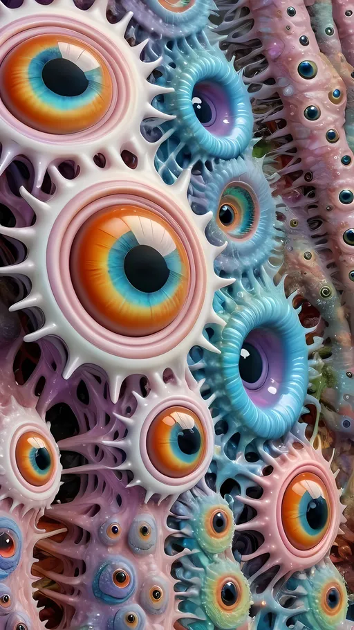 Prompt: an extremely hyper realistic ultra super textural weird trippy surreal psychedelic entity, gyroid structures, Phyllotactic Spirals, white, translucent, clear, bright bright pastel colors, oil slick rainbow sheen effect, lots and lots of light, lots of crazy colorful compound psychedelic human eyes, rows of human teeth, fungus, atoms, diatoms, gyroid structures, Phyllotactic Spirals