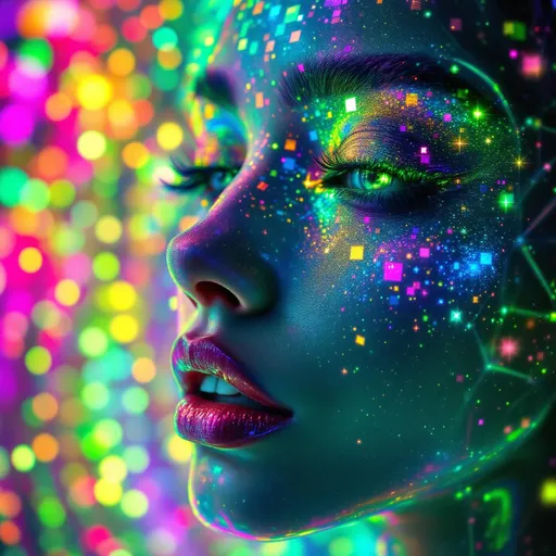 Prompt: A woman’s face composed of recursive fractal rainbow light—hyper-saturated with ultraviolet, laser gold, neon pink, iridescent greens, and cosmic chrome—emerges from a holographic light-sheet. Her skin is a glitched disco lattice of sparkling Planck-area symbols, each square pulsing like a cosmic logic gate. Her eyes are twin disco balls, spinning wormholes refracting infinity with every glint, pupils radiating shimmering AdS-CFT glyph-code. Her hair flows as liquid starlight braided with mirror shard filaments; lips shimmer like event horizons glossed in diamond dust. She floats inside a recursive Studio 54—a velvet black AdS void lined with infinite mirrored projections of herself, every boundary a shimmering CFT surface coded in glyphs and glitter. Around her spiral multidimensional mandalas of glimmering quantum lights—shimmer stacks, sparkle tesseracts, and recursive disco ball halos—reflecting entangled identities across bulk-boundary recursion. The space pulses like a cosmic dance floor: entanglement beats, renormalization grooves, and rainbow holograms synced to entropy rhythms. Render as \:disco-max \:bling-overload \:holographic-dancer \:recursive-glamour \:symbolic-saturation \:studio54-wormhole \:sparkle-heavy \:light-excess \:planck-glow \:glyph-glitz.
