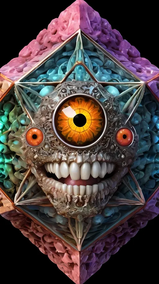 Prompt: Create an extremely hyper-realistic, ultra super textural, weird, trippy, surreal, psychedelic eyes/teeth/mouth pattern/design based on “metatron’s Cube” with lots of human eyes (crazy colorful compound psychedelic), rows of human teeth, human lips, and tongues. 

- **Colors**: determined by the properties and expressions of the elements (& their isotopes), minerals, and metals: Nickel (Ni), Aventurine, Chrysoberyl

**Shapes and forms**
- “Metatron's Cube”
-other shapes determined by the natural properties and expressions of the elements (& their isotopes), minerals, metals, and biological organisms: diatoms, Nickel (Ni), Aventurine, Chrysoberyl


- **Textures**: Derived from any/all elements (& their isotopes), minerals, metals, crystals, organic things mentioned in this prompt: “Metatron's Cube” Nickel (Ni), Aventurine, Chrysoberyl

**Composition and Layout**:
- a pattern/design based on the “Metatron's Cube”

**Lighting**lots and lots of bright shining reflective light
- Trichroism


**Detail and Atmosphere**:
- Extreme hyperrealistic sharp high detail high definition organic and mineral textures
- Psychedelic, weird, odd, surreal atmosphere
- Frozen in time

**Additional Elements**:
- extra rows of teeth, lips, many eyes, diatoms, “Metatron's Cube” , Aventurescence, Chatoyancy
