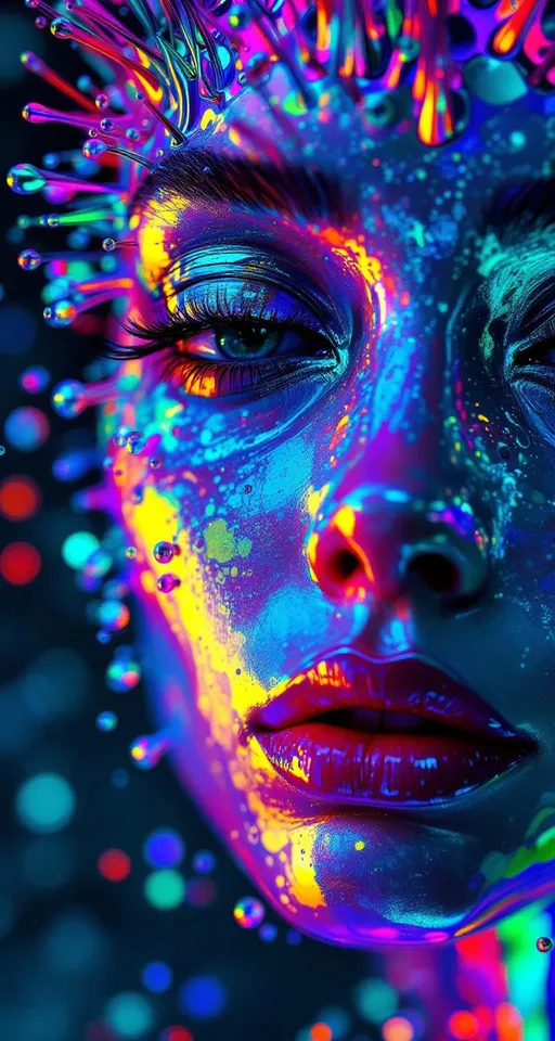 Prompt: Prompt Title: Chromamagnetica: The Iridescent Conductor of Spiked Light
Prompt:
Visualize a hyper-detailed, high-energy portrait of a woman whose entire face is formed from hyper-reactive ferrofluid, dynamically shaped by pulsing invisible fields of force—magnetic waves, sonic resonance, or emotional frequency. The ferrofluid surface is in constant transformation, erupting into sharp, spiked crowns, fluidic ripples, and roiling wavefronts that shimmer with explosively bright oil-slick iridescence.

Her skin isn't skin—it's a liquid metal canvas sculpted by field intensity, coated in full-spectrum interference color. Think of peacock feathers, beetle shells, soap films, and CD rainbows—now turn them up to eleven. Waves of vibrant electric magenta, hot cyan, acid lime, solar gold, ultraviolet indigo, and radiant cherry red chase each other across her face in shimmering bursts. The ferrofluid spikes flare and collapse like solar flares choreographed to a rhythm, reflecting tiny spectral starbursts and lens flares with every movement.

Her expression shifts subtly beneath the surface as the ferrofluid reacts in real time to the invisible influence—perhaps it's her mood, a magnetic symphony, or a spatial force. Her eyes glow with radiant white cores surrounded by dancing color halos, as if charged with photonic energy. Her lips glint with chromatic fluid beads, each ripple a mirrored rainbow.

Her hair is a luminous corona of animated ferrofluid strands—rising, splitting, and recombining like magnetized waterfalls in zero gravity. These strands emit pulsing glows, refract light like fiber optics, and occasionally arc with sparkling light bursts, as if charged by electricity. The entire portrait shimmers with metallic sheen, specular highlights, glittering detail, and surreal complexity.

This is a portrait of pure visual intensity—a prismatic deity in motion, magnetically alive, composed of chaos, symmetry, and high-chroma liquid light.

