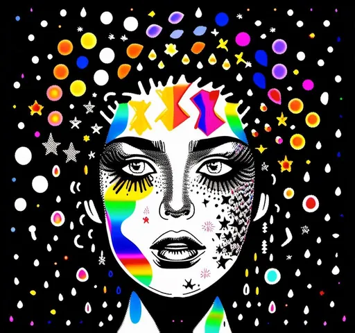 Prompt: a photograph (black and white or halftone) of a woman with multimedia colorful galaxies and stars in her wide eyes who is vomiting pure rainbows and stardust sparkles. She wretches as a beautiful spectrum of colorful light and sparklies made of paint, enamel, glitter, foils, pearl dust, rhinestones, metal, beads, marker, etc spills from her open mouth with force lighting up the room<mymodel>