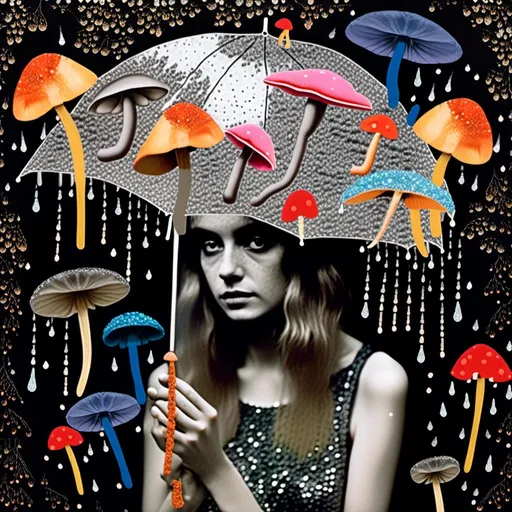 Prompt: <mymodel>Mixed media collage of a fungus fairy girl in the rain, mushroom umbrella, black and white and color photography, paint, glitter, sequins, metal, magazines, glass, unique textures, ethereal atmosphere, high quality, whimsical, surreal, fairy, mushroom umbrella, mixed media, collage, fungus girl, rain, unique textures, ethereal, surreal, magical, detailed wings, sparkling details