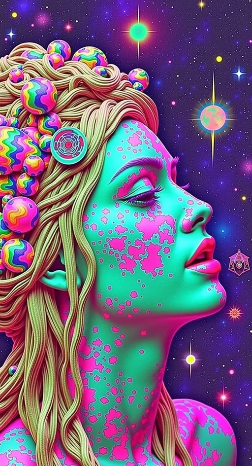 Prompt: Create a super hyperrealistic, finely detailed psychedelic Nouveau illustration of a Cosmic Jester. Feature the word MERRYPRANXTERworked organically into the background somehow.  This enchanting character is a merry prankster of the cosmos, an astral jokester dancing through time and space. She exudes a jester vibe, wearing feminine holographic jester attire & makeup with a feminine, harlequin twist. Not human, but humanoid, she is crafted from vibrant colored light, embodying an extra-dimensional extraterrestrial essence. Her presence is a beacon of joy, as she laughs and twirls through the cosmic astral realms, elevating vibes wherever she roams. 

Her beauty is otherworldly, with long, curly hair that shimmers like a cascade of colored light, appearing blonde yet transcending earthly hues. Her eyes sparkle with mischievous wisdom, and her attire is a dazzling array of intricate patterns and swirling colors, reminiscent of both jester garb and celestial phenomena.

Incorporate the text "the merrypranxter" above her in smaller, elegant lettering, seamlessly blending into the cosmic background. This text should capture the essence of her playful spirit, as if it were a whisper from the universe itself. The illustration should radiate her vibrant energy, portraying her as a timeless wanderer spreading joy and wonder throughout the cosmos.