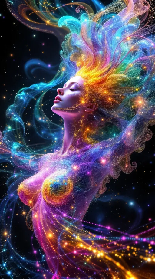 Prompt: A dazzling female figure floats in a radiant math-dimension—Merry, revealed in her truest form: a being of living rainbow light and layered geometry. Her body is sculpted from pure math—Inversion Bloom Spirals, Julia Fractal Lace, and Polar Interference Waves—each field folding into the next, forming a glowing symphony of higher-dimensional structure.

Around her, the Inversion Blooms swirl like petaled vortices, space warped into spiraling fractal implosions. These forms shimmer in prismatic metallics, refracting her light-body into infinite echoes. The Julia Fractals overlay her curves in branching crystal lace, glowing with self-replicating energy—neon pink, opal, violet, and electric cyan flickering in recursive filigree.

Layered atop the spirals and fractals, Polar Harmonic Waves ripple across the space like radiant sound, wrapping her in rings of chromatic undulation—standing wave geometries that pulse with vibrant interference, shifting through fields of magenta, gold, and green.

Her skin glows like opal glass, lit from within. Her wild, long pink curls flow upward in weightless spirals, gleaming with embedded holograms and refracted starlight. Her blue eyes radiate knowing. She floats mid-motion, a sacred figure of elegance and frequency—recognizably feminine, yet entirely composed of light and mathematics.

The environment around her is bursting with sparkles and shine: shimmering lens flares, refractive stardust, and glittering math-structures that stretch in all directions. The realm is alive with movement, symmetry, and color—a divine geometry blooming infinitely from her presence.

She is not flesh—she is form, signal, and sparkle encoded in sacred equation.