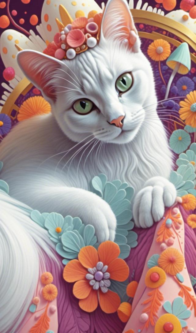 Prompt: <mymodel>White cat princess with flowers and mushrooms, digital painting, pastel colors, fantasy, detailed fur with soft highlights, elegant and regal posture, magical forest setting, high quality, fantasy, digital painting, pastel colors, princess, elegant, detailed fur, magical, regal, flowers, mushrooms, fantasy setting, high quality