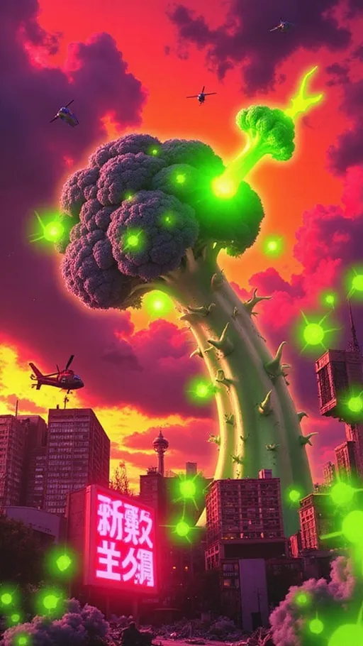 Prompt: A colossal, hyper-detailed stalk of broccoli towers over a devastated cityscape, its floret crown looming like a monstrous green mushroom cloud. The broccoli is rendered as a terrifying kaiju beast in the spirit of a Godzilla anime—its stalk muscular and sinewy like a tree-trunk-sized limb, dark green buds twitching with eerie sentience. Each floret pulses with glowing radioactive energy, veins of neon green light crackling across its surface. Buildings crumble underfoot as the broccoli stomps through the skyline, massive florets flinging debris with every thrash. Screaming citizens run below, dwarfed by the leafy horror. The sky burns orange-red with sunset and smoke, helicopters circle futilely, and warning kanji flash across the screen in bold stylized anime text. Style: dynamic anime-meets-manga kaiju style, ultra-graphic destruction, cinematic lighting, intense motion lines, and over-the-top action. High contrast with bursts of neon green, nuclear glow, and smoky shadows.