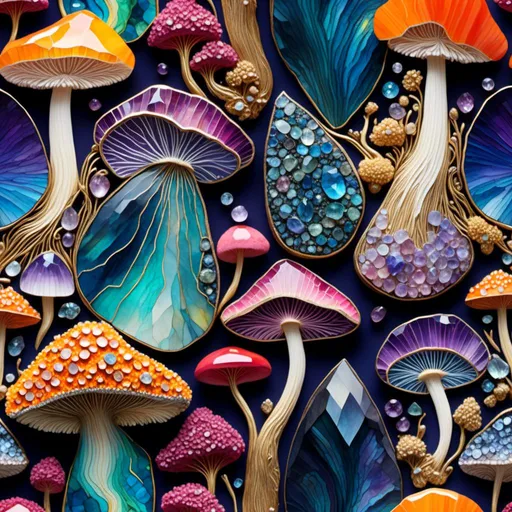 Prompt: <mymodel>Inlaid gemstone mushrooms and fungus, vibrant and iridescent, high quality, detailed carving, fantasy, magical, ethereal lighting, colorful fantasy, gemstone inlay, iridescent mushrooms, intricate carving, vibrant colors, high-quality, fantasy art, detailed, magical lighting