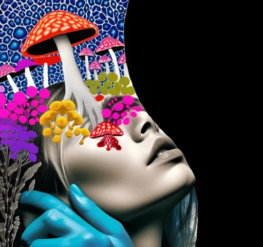 Prompt: A mixed media collage of a black and white photograph of a young woman growing all kinds of colorful multimedia psychedelic mushrooms and fungus out of her body (incorporate things like- but are not limited to - vibrant paints, enamels, glitters, metallic foils, newspaper and magazine cut paper, paint spatter, etc)<mymodel>