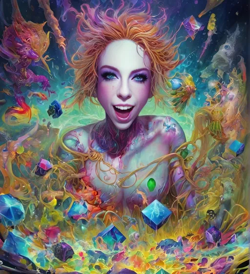 Prompt: Psychedelic art of "Ego death", vibrant colors, sacred geometry, fractals, tesseract, hypercubes, subterranean scene, churning ocean of fractals, interconnectedness, everything and nothing, high quality, psychedelic, vibrant colors, sacred geometry, fractals, tesseract, hypercubes, subterranean, churning ocean, interconnected, ego death, surreal, mind-bending, vibrant hues, intricate details, abstract shapes, intense visual experience