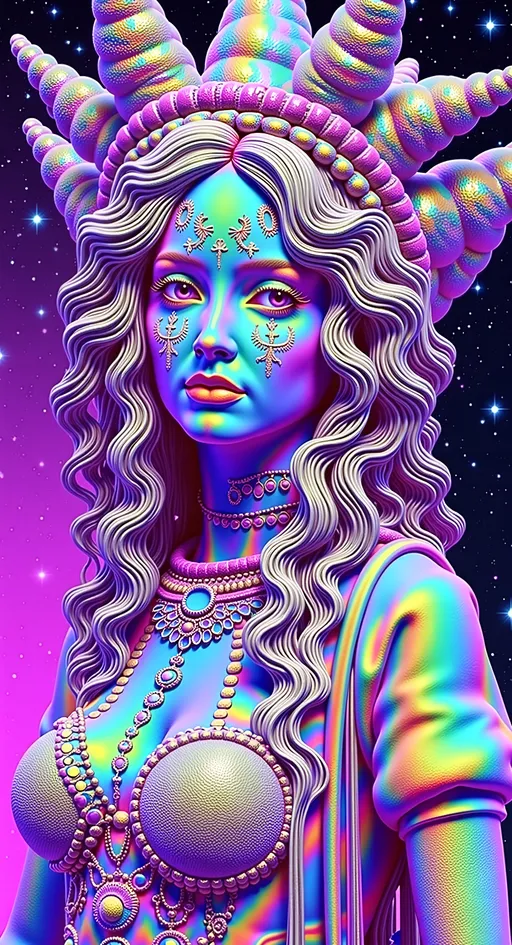 Prompt: Create a super hyperrealistic, finely detailed psychedelic Nouveau illustration of a Cosmic Jester. Feature the word MERRYPRANXTERworked organically into the background somehow.  This enchanting character is a merry prankster of the cosmos, an astral jokester dancing through time and space. She exudes a jester vibe, wearing feminine holographic jester attire & makeup with a feminine, harlequin twist. Not human, but humanoid, she is crafted from vibrant colored light, embodying an extra-dimensional extraterrestrial essence. Her presence is a beacon of joy, as she laughs and twirls through the cosmic astral realms, elevating vibes wherever she roams. 

Her beauty is otherworldly, with long, curly hair that shimmers like a cascade of colored light, appearing blonde yet transcending earthly hues. Her eyes sparkle with mischievous wisdom, and her attire is a dazzling array of intricate patterns and swirling colors, reminiscent of both jester garb and celestial phenomena.

Incorporate the text "the merrypranxter" above her in smaller, elegant lettering, seamlessly blending into the cosmic background. This text should capture the essence of her playful spirit, as if it were a whisper from the universe itself. The illustration should radiate her vibrant energy, portraying her as a timeless wanderer spreading joy and wonder throughout the cosmos.