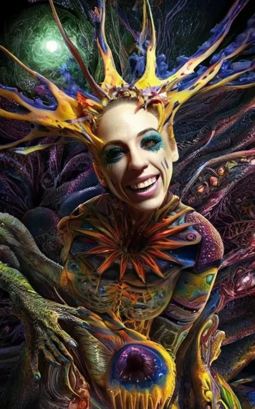 Prompt: Extreme psychedelic hyperrealism- Super high definition ultra textural floral entity psychedelic hallucination surrealism, psychedelic alien flower creature, detailed, highres, intense colors, eerie lighting, bizarre features, unsettling atmosphere, otherworldly, distorted proportions, mind-bending, dreamlike, abstract,, organic textures