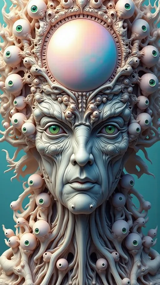 Prompt: An extremely brightly white, translucent, vivid and pastel colored hyperrealistic ultra textural ultra high definition grotesquely surreal abstract-ish compound eye-tooth-flesh imposition, with lots and lots of light, infused with intricate fractal geometries derived from the Mandelbrot Set, creating a boundary of infinitely complex and bulbous shapes spiraling around the visceral mass. Rows upon rows of human teeth and eyeballs are embedded in a pulsating mass of iridescent, oil-slick rainbow-hued skin/flesh, rising from a weird rainbow-sheened oily substance. The composition is interwoven with Voronoi tiling patterns, resembling cracked earth and cellular structures, adding an organic, cell-like texture to the surface.

Embedded shards of quartz, pyrite, and opal create a mesmerizing, almost geode-like texture and density, further enhanced by the fractal patterns. Bright whites and translucent surfaces are illuminated by a soft, glowing light, casting ethereal highlights across the surface. The coloring style includes vibrant, eye-catching hues, with gradients transitioning from vivid pinks to lush greens and deep blues, reminiscent of the uploaded image's palette.

Emphasize the uncanny, unsettling quality, with a sense of both beauty and revulsion in the final image. The toothy, gross fleshy scene should appear both alluring and repulsive, with a level of hyperrealistic detail that makes it feel almost tangible and alive. Capture the layered, complex organic and mineral structures, the glistening, slick surfaces, and the unsettling juxtaposition of human eyes and teeth within the pulsing, fleshy mass. Evoke a sense of both wonder and horror in the viewer, as the fractal and tiling elements create a hypnotic visual experience, enriched by the vivid and surreal color palette.
