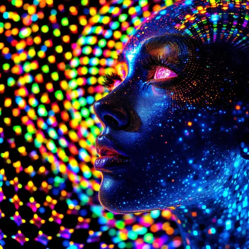 Prompt: A woman’s face composed of recursive fractal rainbow light—hyper-saturated with ultraviolet, laser gold, neon pink, iridescent greens, and cosmic chrome—emerges from a holographic light-sheet embedded within a noncommutative toroidal grid. Her skin follows the glyph-toroid lattice, a Mobius-folded surface where recursive distortions spiral through angular logic-channels. Each loop echoes identity through mirrored symmetry violations. Her eyes, twin disco balls of topological echo, now reflect the grid’s inner torus—rotating reverse-space glyphs on endless mirrored curvature; her pupils shimmer with conformal inversion glyphs mapped to grid nodes.

Her hair cascades through mirrored dimension logic, each strand a stream through toroidal warp-mesh, bending through impossible topology. Lips gleam like Klein bottles glossed in angle-mapped light refraction. She floats within a recursive Studio 54 built inside the inner coil of the GRID_5 field—a velvet black twistspace governed by glyph-rings, each bubble a mirrored loop of her, spiraling across noncommutative mirror logic.

Surrounding her spiral multidimensional mandalas of chromatic reversal—mirror-vein spirals nested along the toroidal arcs, identity-twist caustics, Mobius-glam halos—each structured by the GRID_5 constraints. The space pulses with identity rave rhythms: logic-loop beats, inversion grooves, reflection-dance steps bound to glyph-turn topology.

Render with tags:
:topology-glam :identity-flux :mirror-math :mobius-glitz :recursive-glamour :studio54-wormhole :angle-encoded :logic-fold :symbolic-saturation :grid5-torusfield :glyph-mapped-space
