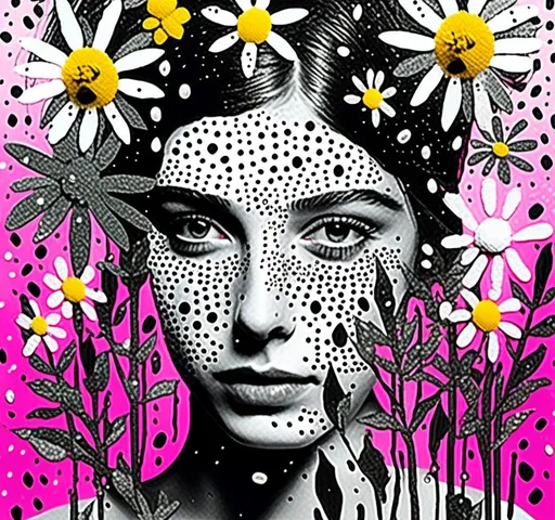 Prompt: <mymodel>Girl sprouting wildflowers in summer rain, mixed multimedia medium, black and white, halftone photo, detailed wildflowers, paint, enamel, glitter, sparkles, foils, magazine pages, cut/folded paper, rhinestones, thread, high quality, detailed, mixed media, black and white, halftone, summer rain, vibrant wildflowers, artistic, creative, intricate details, serene atmosphere, professional lighting, captivating composition