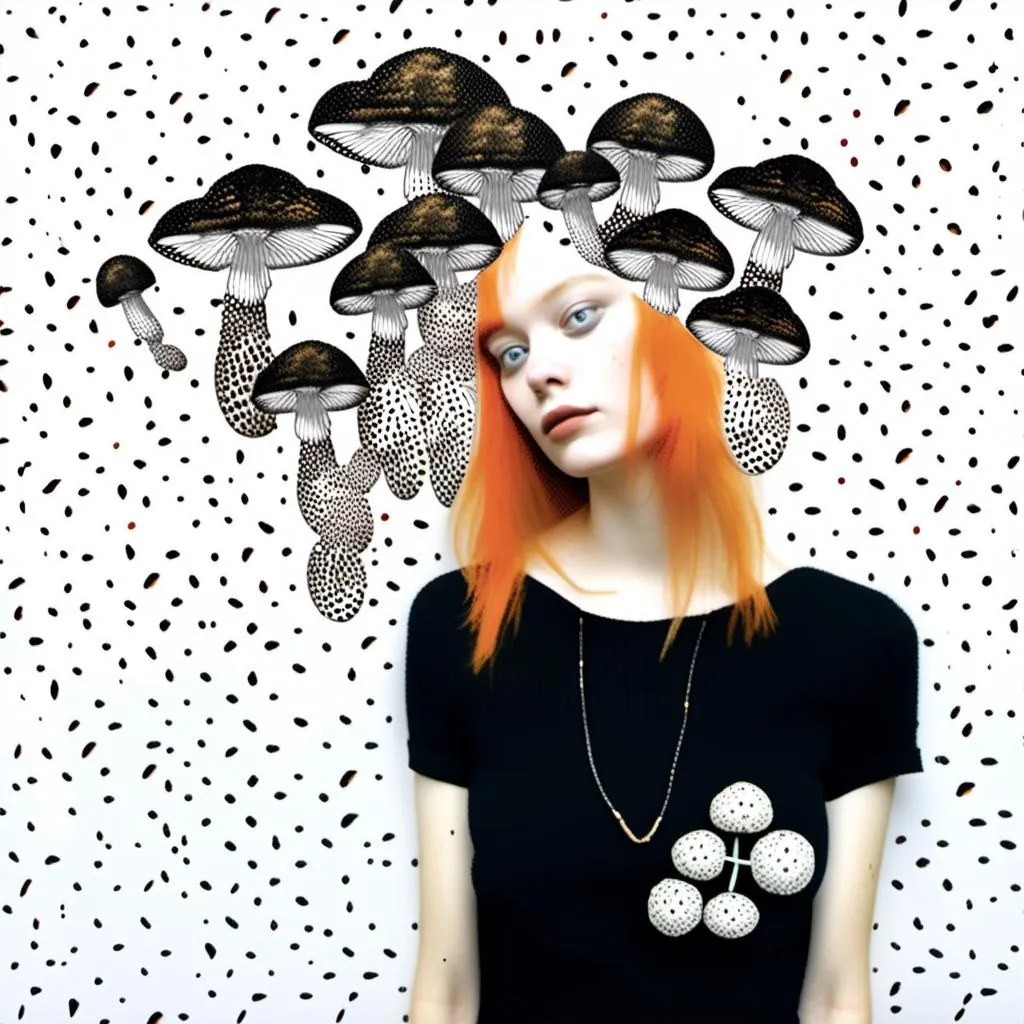 Prompt: a mixed media collage of a girl wearing or growing mushrooms/fungus as clothing body parts and accessories. She is a black and white or halftone photograph, the mushrooms and fungal growths are to be mixed media, including but not limited to paint, enamel, foils, glitter, sparkle, sequins, found objects, natural items, rhinestones etc <mymodel>