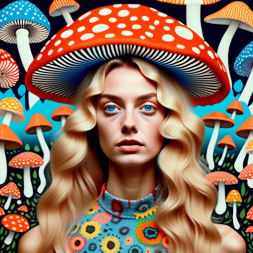 Prompt: <mymodel> a psychedelic stoned tripping goofy quirky looking but pretty woman with long blond very curly hair and blue eyes collaging with drawings of mushrooms, psychedelic vibrant color palette, psychedelic, whimsical and surreal, intricate collage details, trippy, weird, ethereal glow, dreamy lighting, high quality, ultra-detailed, fantasy, vibrant tones, surreal lighting, whimsical design, collage art, multimedia collage