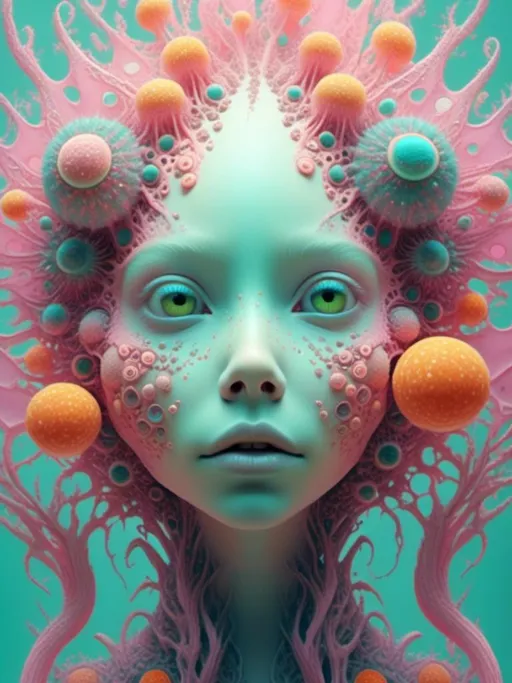 Prompt: <mymodel>an extremely hyper realistic super textural psychedelic entity/creature, trippy, weird, surreal, fractals, multidimensional geometric shapes, eyes, human teeth, lots of light, bright pastel colors, luminous, glowing, extremely textural, pinks, greens, oranges, yellows