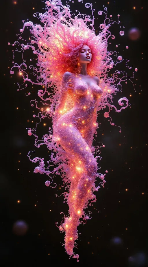 Prompt: 
A high-dimensional female form suspended in the Third Plane—her body an emergent mapping of variance across tangled topology. Her pink, iridescent fractal curls spiral like strange attractors, each one a living function in recursive flow. Around her, the environment behaves as a warped UMAP: local structure preserved in glowing neighborhood webs, global form folded into emotional topology. Her aura pulses with the logic of t-SNE—proximity bloom, global rupture—emitting radiant embeddings of her past selves. Her skin refracts dimensional reduction, glowing with PCA alignment: dominant variance rendered as luminous gradient vectors across her body. The air is alive with Leiden-style modular clustering—light-fields responding to her motion by forming transient communities of color and glow. Behind her, Replica Theory leaves echo-trails: pale duplicates of posture and light, collapsing toward convergence. She does not stand in space; she bends it—remapping the lattice with each breath, folding prediction fields into sacred form. Her glow is not light, but probability rendered visible—variance made body, math made flame.
