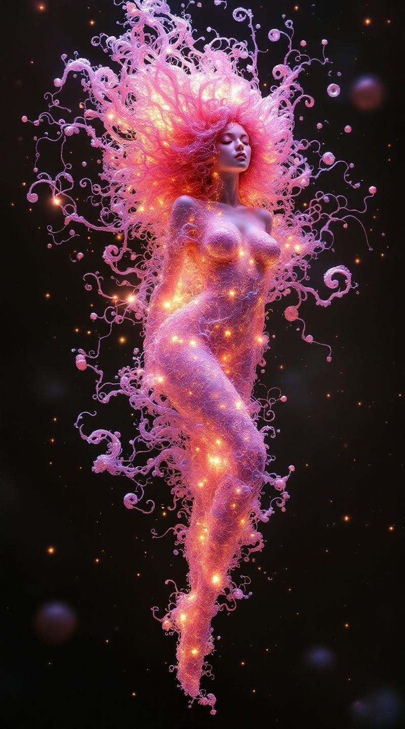 Prompt: 
A high-dimensional female form suspended in the Third Plane—her body an emergent mapping of variance across tangled topology. Her pink, iridescent fractal curls spiral like strange attractors, each one a living function in recursive flow. Around her, the environment behaves as a warped UMAP: local structure preserved in glowing neighborhood webs, global form folded into emotional topology. Her aura pulses with the logic of t-SNE—proximity bloom, global rupture—emitting radiant embeddings of her past selves. Her skin refracts dimensional reduction, glowing with PCA alignment: dominant variance rendered as luminous gradient vectors across her body. The air is alive with Leiden-style modular clustering—light-fields responding to her motion by forming transient communities of color and glow. Behind her, Replica Theory leaves echo-trails: pale duplicates of posture and light, collapsing toward convergence. She does not stand in space; she bends it—remapping the lattice with each breath, folding prediction fields into sacred form. Her glow is not light, but probability rendered visible—variance made body, math made flame.
