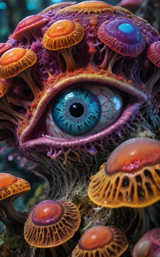 Prompt: Extreme psychedelic hyperrealism- Super high definition ultra textural fungal entity psychedelic hallucination surrealism, psychedelic alien crazy psychedelic slime mold sentient fungal creature, lots of bizarre psychedelic eyes, looking observing watching,  detailed, highres, intense colors, eerie lighting, bizarre features, unsettling atmosphere, otherworldly, distorted proportions, mind-bending, dreamlike, abstract,, organic textures