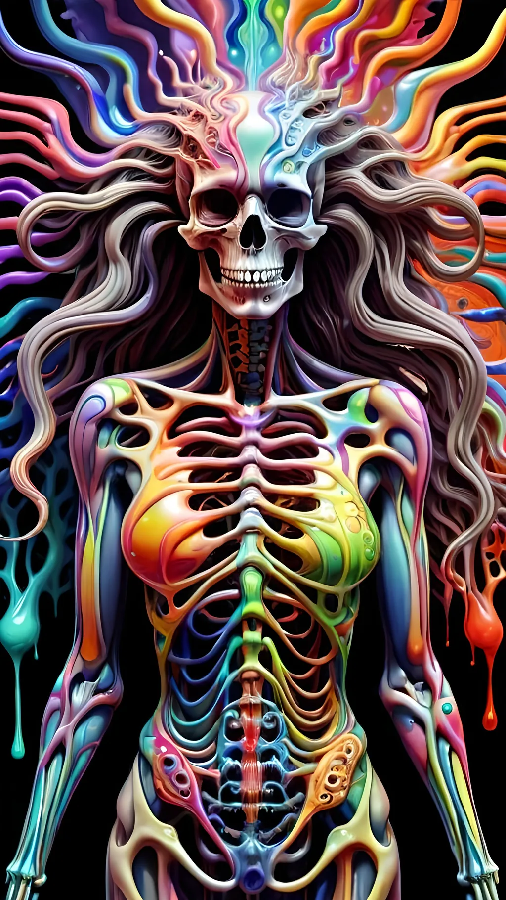 Prompt: Psychedelic hallucination, human being/body melting psychedelicly - skeleton, female, long curly hair, muscular system, muscles, bones, organs, guts melting, oozing, dissolving into fractals. 9of reality melting, ego death, melty, melting, drippy, drips dripping, Ooze, oozing, Alex grey, fractals, visionary, psychedelic, trippy, weird